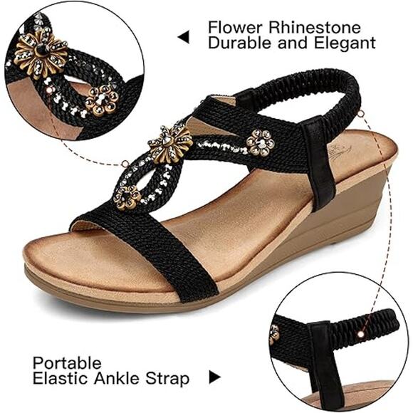 SHIBEVER Women’s Wedge Sandals Rhinestone Boho Low Heel Elastic Strap Sz 10.5 - Picture 3 of 11